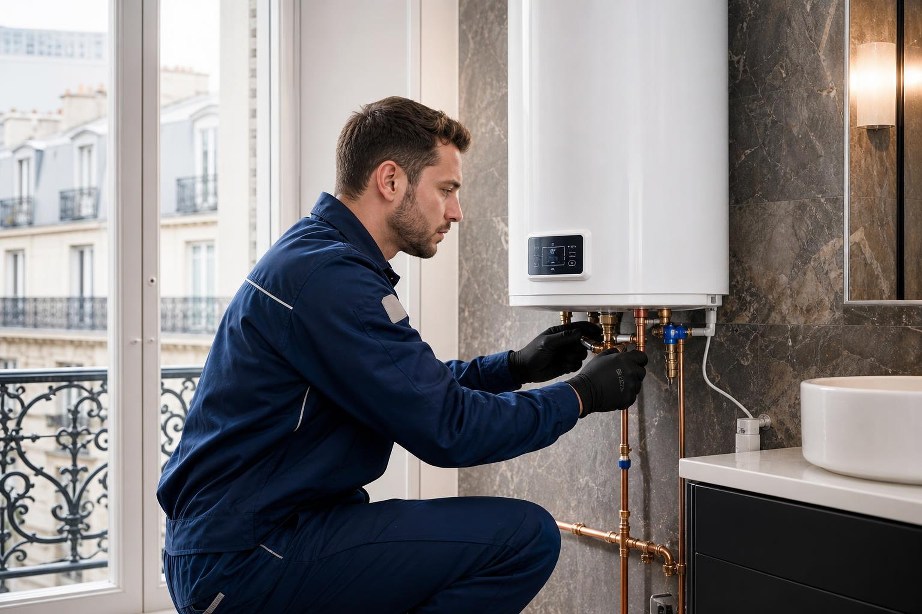 Plombier Optimale Énergie installant un chauffe-eau à Paris